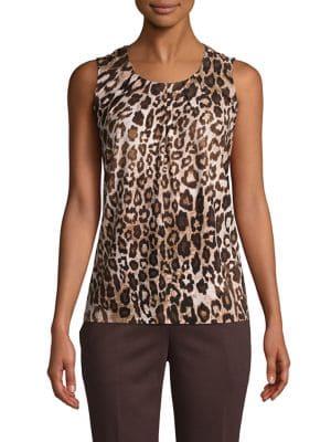 Kasper Pleated Leopard-print Sleeveless Top