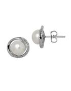 Lord & Taylor 7mm White Freshwater Pearl, Diamond And Sterling Silver Stud Earriangs