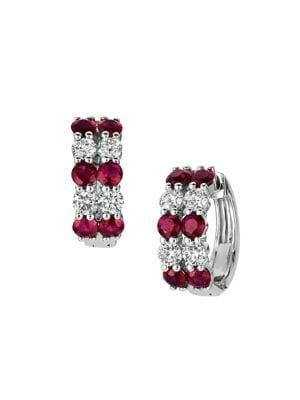 Morris & David 14k White Gold, Ruby & Diamond Hoop Earrings