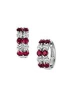 Morris & David 14k White Gold, Ruby & Diamond Hoop Earrings