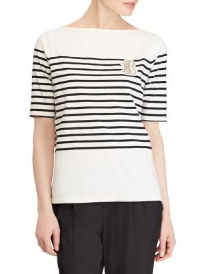 Lauren Ralph Lauren Petite Monogram Striped Cotton Top