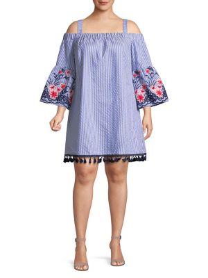 Eliza J Plus Cold-shoulder Bell-sleeve Striped Dress