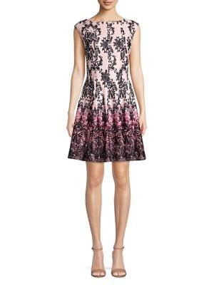 Gabby Skye Ruffled Scroll-print Fit-&-flare Dress