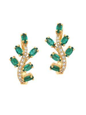 Lord & Taylor 14k Yellow Gold, Emerald, And Diamond Leaf Earrings