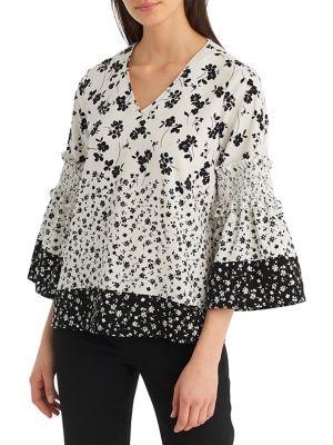 Karl Lagerfeld Paris Printed Smocked Bell-sleeve Top