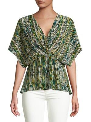 H Halston Printed Knot Front Short Sleeve Blouse