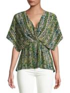 H Halston Printed Knot Front Short Sleeve Blouse