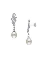 Sonatina Sterling Silver, 8.5-9mm White Rice Pearl & Diamond Floral Drop Earrings