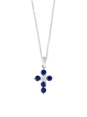 Effy 14k White Gold, Diamond And Sapphire Cross Pendant Necklace