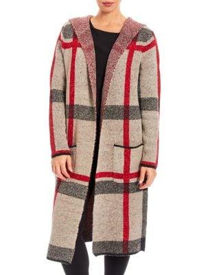 Joseph A Long Hooded Plaid Sweater Jacket