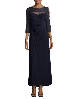 Xscape Petite Lace-accented Illusion Gown