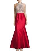 Xscape Embellished Two-tone Halter Trumpet Gown
