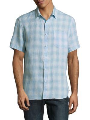 Black Brown Plaid Linen Short-sleeve Shirt