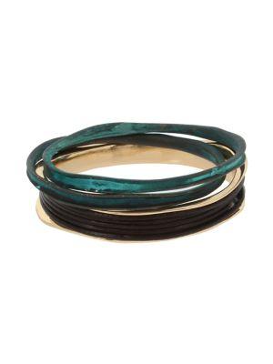 Robert Lee Morris Collection Raising Arizona Crystal, Green Patina And Leather Bangle Set