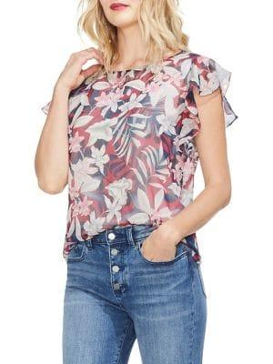 Vince Camuto Sapphire Sheen Floral Ruffle Sleeve Top