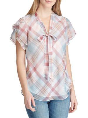 Lauren Ralph Lauren Plaid Tie-neck Georgette Top