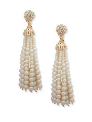 Anne Klein Faux Pearl And Crystal Tassel Drop Earrings