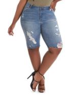 La La Anthony Plus Dest Slim-fit Distressed Denim Bermuda Shorts