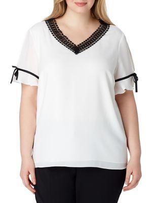 Tahari Arthur S. Levine Plus Plus Crochet Trim V-neck Blouse