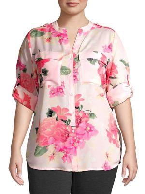 Calvin Klein Plus Floral Printed Roll Sleeve Blouse