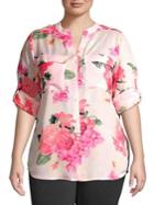 Calvin Klein Plus Floral Printed Roll Sleeve Blouse