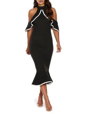 Quiz Off-the-shoulder Ruffle Fishtail Midi Dress