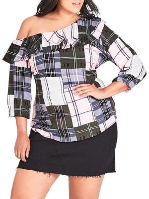 City Chic Plus Elasticized Off-shoulder Check Top