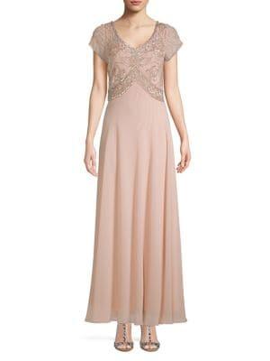 J Kara Petite Short-sleeve Embellished Long Dress