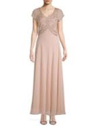 J Kara Petite Short-sleeve Embellished Long Dress