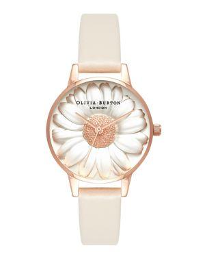 Olivia Burton 3d Daisy Stainless Steel And Leather-strap Watch