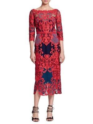 Marchesa Notte Lace Colorblock Dress