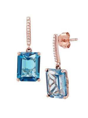 Lord & Taylor 14k Rose Gold, Emerald-cut London Blue Topaz & Diamond Accent Leverback Earrings