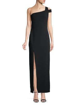 Betsy & Adam One Shoulder Slit Evening Gown