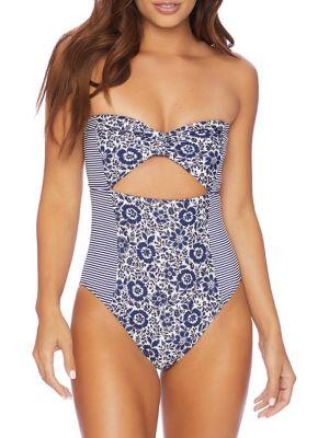Splendid One-piece Floral And Stripes Bandeau Swimsuit