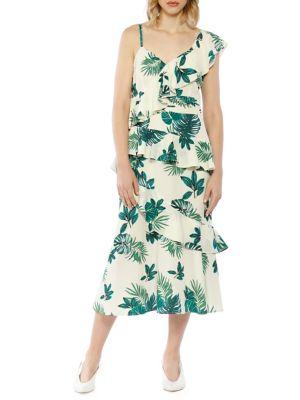 Walter Baker Palm Printed One-shoulder Ruffle Dress