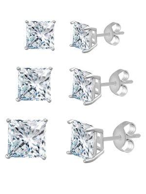 Lord & Taylor Set Of Three 925 Sterling Silver & Princess-cut Crystal Stud Earrings