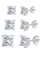Lord & Taylor Set Of Three 925 Sterling Silver & Princess-cut Crystal Stud Earrings