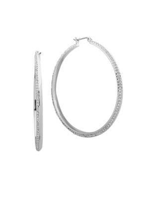 Anne Klein Large Silvertone & Pave Crystal Hoop Earrings