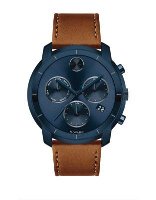 Large Movado Bold Chronograph Stainless Steel Leather-strap Watch