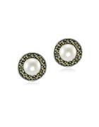 Lord & Taylor Marcasite & Round Freshwater Pearl Halo Sterling Silver Stud Earrings
