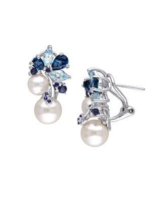Sonatina Sterling Silver, 8-8.5mm & 6-6.5mm White Round Pearl, London Blue Topaz & Sapphire Cluster Earrings