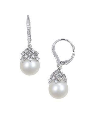 Sonatina 14k White Gold, 10.5-11mm Pearl & Diamond Drop Earrings