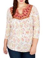 Lucky Brand Plus Embroidered Three-quarter Sleeve Top