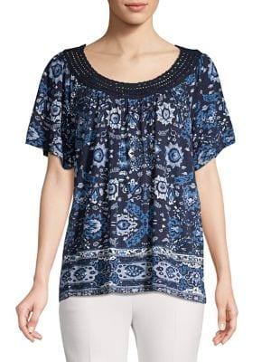 Lucky Brand Printed Crochet Cotton Blend Top