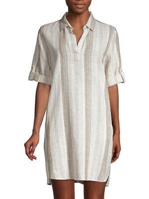 Elan Striped Linen And Cotton Blend Mini Shift Dress
