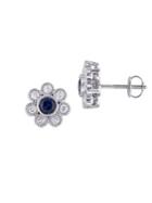 Sonatina 14k White Gold, Diamond And Sapphire Flower Stud Earrings