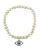Lord & Taylor 6mm Freshwater Pearl And Sterling Silver Evil Eye Charm Stretch Bracelet