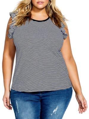 City Chic Plus Frill Fine Stripe Top