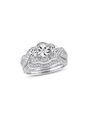 Sonatina Three-stone Diamond And Sterling Silver Bridal Ring Set