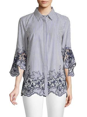 Elie Tahari Clark Embroidered Striped Shirt